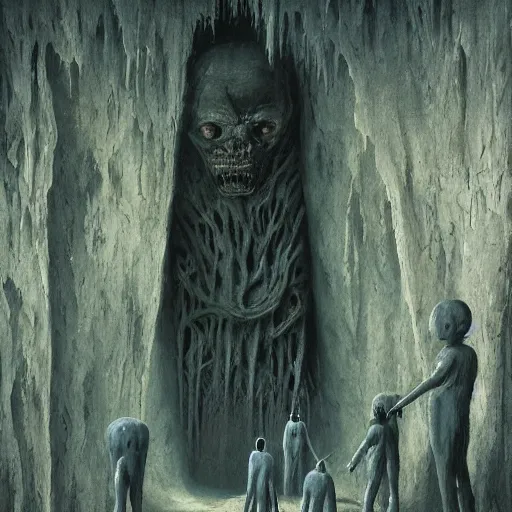 Image similar to painting of a creepy family wearing long robes, intercrossed humans, mixed animal, in a crystal cave, by giger, zdzislaw beksinski, thierry bosch, cold hue's, amazing background, digital art, concept art, animal painting, beautiful composition 3 - d 4 k,