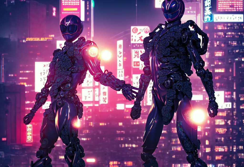 Image similar to kamen rider action pose, human structure concept art, human anatomy, full body hero, intricate detail, hyperrealistic art and illustration by irakli nadar and wlop and alexandre ferra, global illumination, blurry and sharp focus, on tokyo cyberpunk night rooftop, frostbite engine