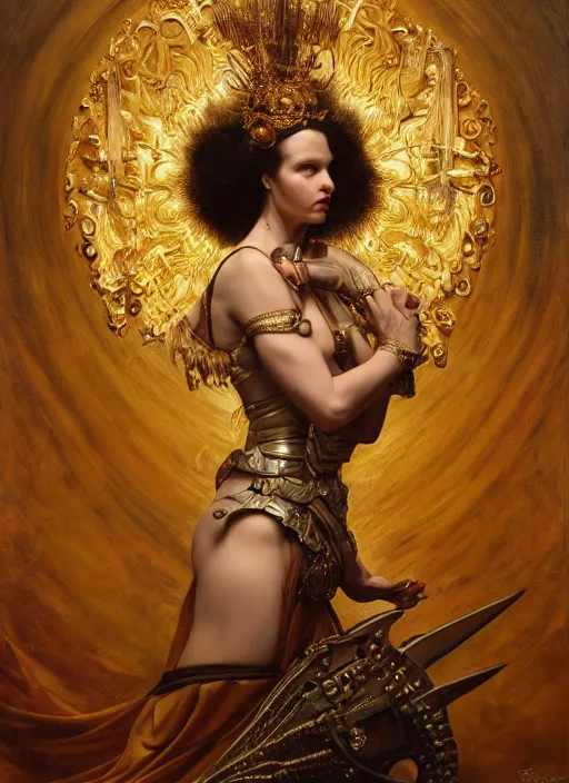 Image similar to highly detailed oil painting | very intricate | cinematic lighting | award - winning | portrait of the goddess of war dressed by alexander mcqueen | by roberto ferri, by tom bagshaw, by j. c. leyendecker and klimt, american romanticism, by austin osman spare, artstation, cgsociety, official art, octane