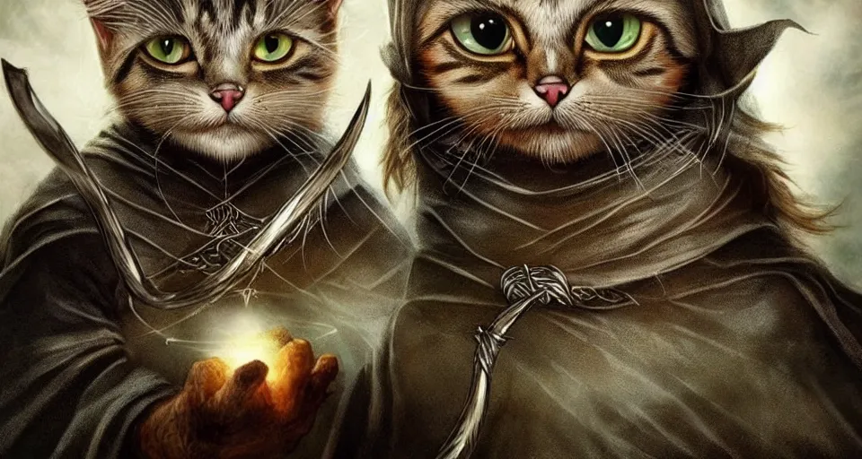Image similar to if cats were lord of the rings characters, lotr, cats, cats dressed in lotr costumes, the fellowship of the ring as cats, hobbits, gandalf, elves, dwarves, multiple cats, 4 k, hyper realistic, artstation
