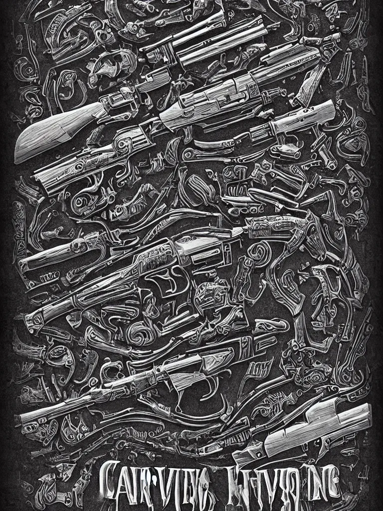 Image similar to carving in dark black steel of machine guns shotguns rifles revolvers bullets, dark vintage paperback cover, ultra-realistic, intricate details, 4k