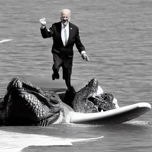 Image similar to ( joe biden ) surfing on top of a crocodile