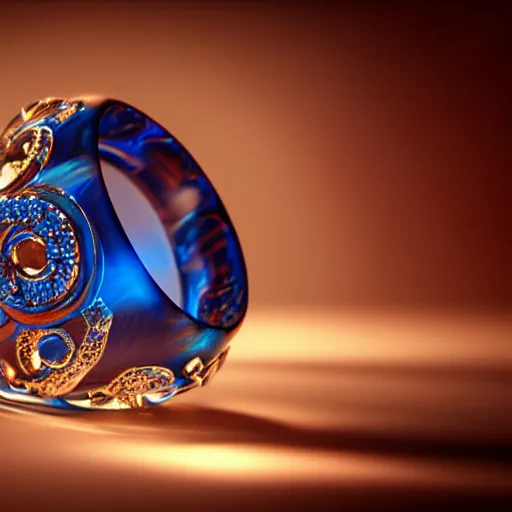 Prompt: a fantasy ring, blue glow, realistic reflections, intricate details, cinematic lighting, depth of field, octane render