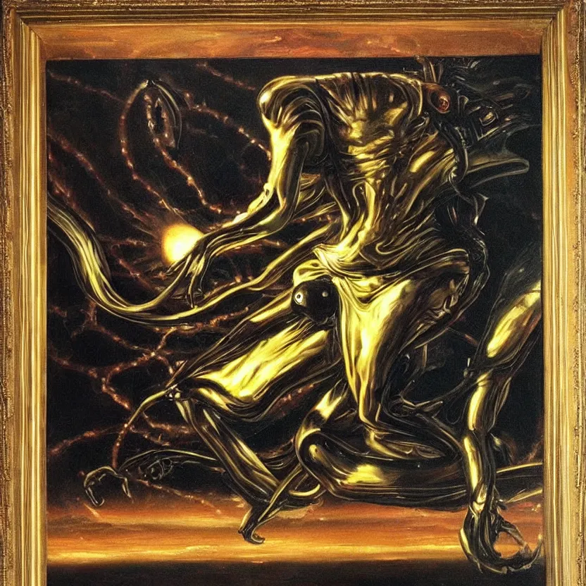 Image similar to an alien reaching through a framed painting, pulp sci - fi art. high contrast. baroque period, oil on canvas. renaissance masterpiece