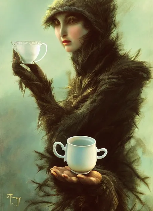 Image similar to a bird holds a cup of tea in its hands, hyperrealism, no blur, 4 k resolution, ultra detailed, style of tyler edlin, tom bagshaw, arthur rackham, ivan shishkin