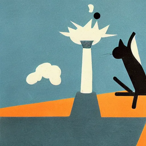 Prompt: A bauhaus poster of a cat watching a mushroom cloud in the distance