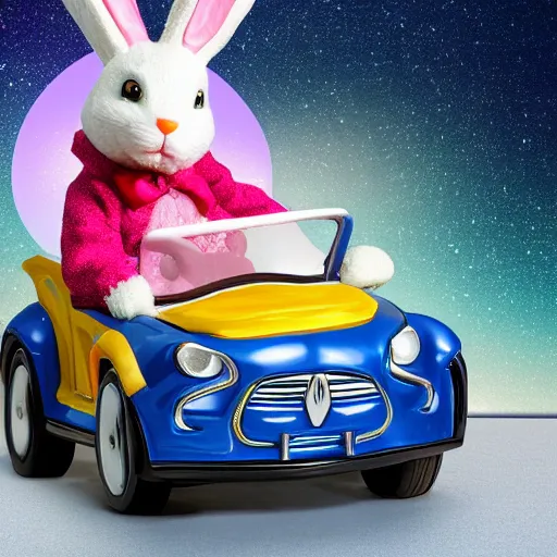 Image similar to easter bunny riding a convertible, studio photo, high quality