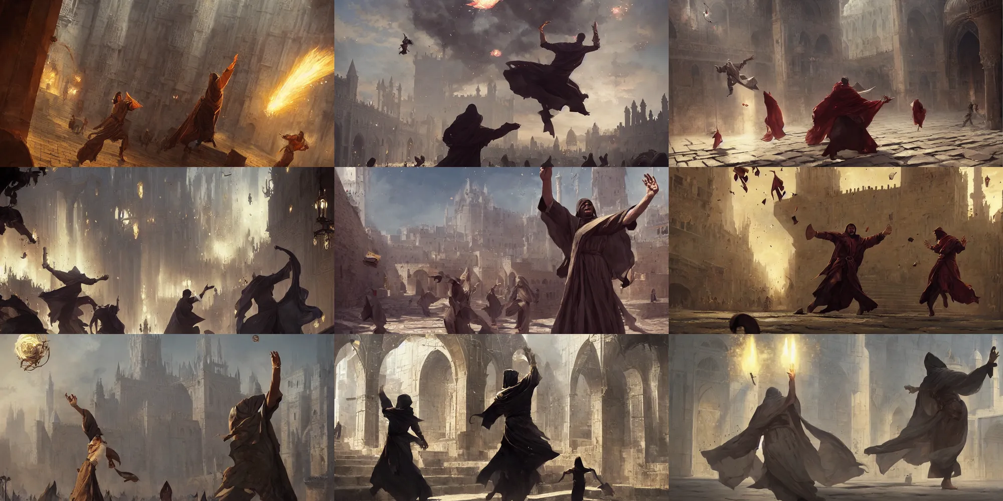 Prompt: man in robes throwing mamluk cards into the air, cards in the breeze, fantasy art by greg rutkowski