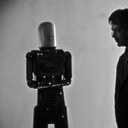 Prompt: a man and a robot in a moment of jealousy, movie still, Movie by Andrzej Zulawski and David Lynch