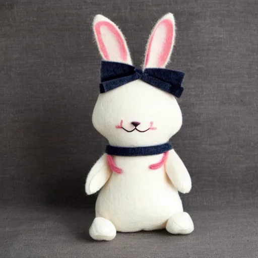 Image similar to a cute elegant felt plush doll of a rabbit wearing overalls