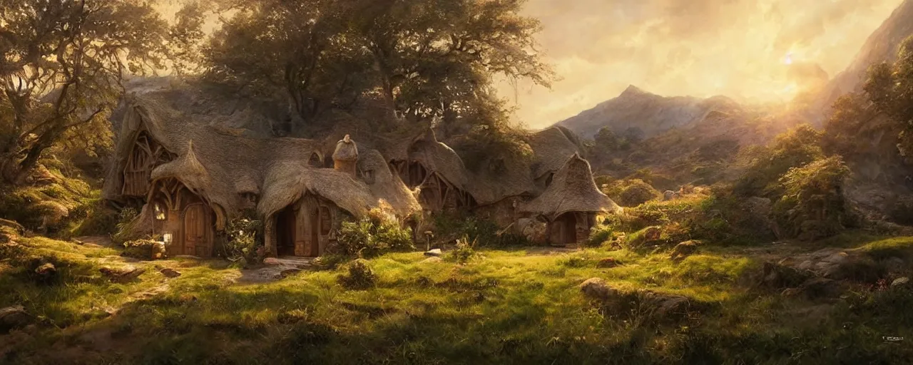 Prompt: most epic dramatic bag end shire landscape. epic cinematic hyperrealism masterpiece. realistic poster with shaded lighting by craig mallismo, artgerm, jeremy lipkin and michael garmash, unreal engine, radiant light, detailed and complex environment, digital art, art station trends