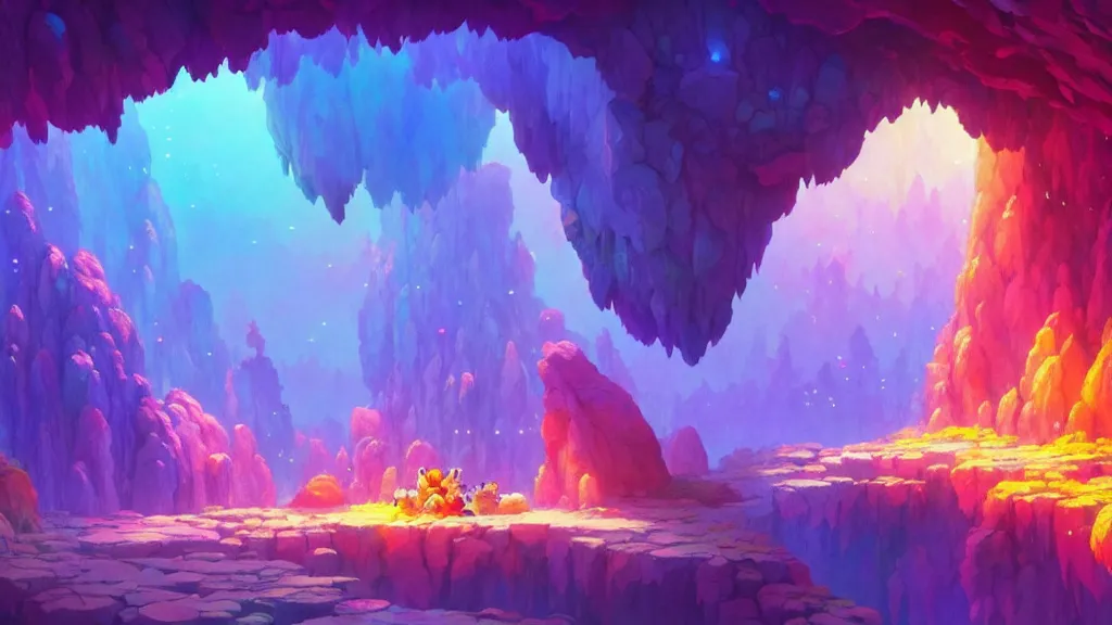 Image similar to colorful crystal cave, studio ghibli, pixar and disney animation, sharp, rendered in unreal engine 5, highly detailed, digital painting, artstation, concept art, smooth, sharp focus, illustration, wide angle, artbook, wallpaper, splash art, promo art, dramatic lighting, art by artgerm and greg rutkowski and bo chen and jin xiaodi