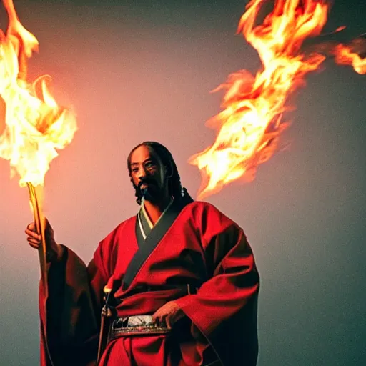 Image similar to cinematic film still of Snoop Dogg starring as a Samurai holding fire, Japanese CGI, VFX, 2022, 40mm lens, shallow depth of field, film photography