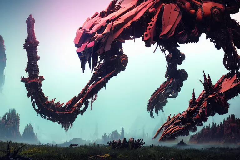 Image similar to wide epic shot. a hyper detailed fanghorn evangelion realistic mechanical and organic creature similar look as horizon forbidden west horizon zero dawn, bioluminiscence in a dark deep forest at dawn in spring, with reflection and textures, by kilian eng, substance painter reaslitic mech surface metal painted scratches, world env from horizon forbidden west horizon zero dawn