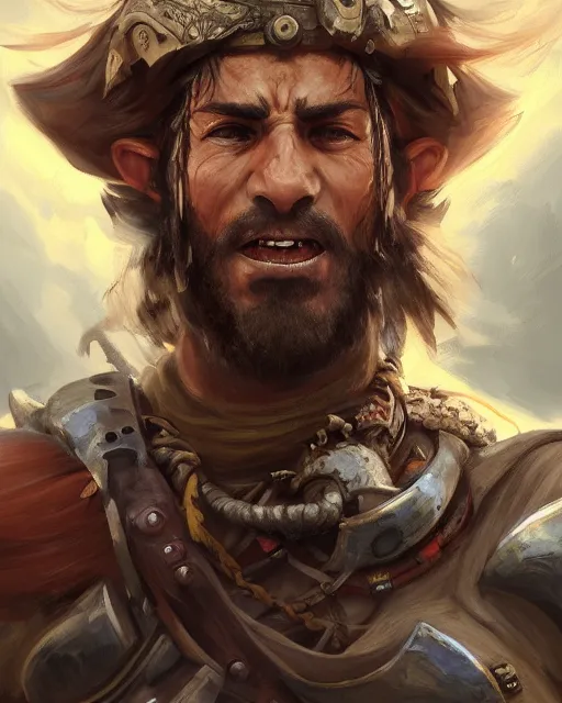 Image similar to portrait of an angry spanish conquistador in battle by filipe pagliuso and justin gerard and yoshiyuki tomino, symmetric, anatomy, facial features, detailed, intricate, portrait, digital painting, princess mononoke color scheme, trending on artstation, masterpiece