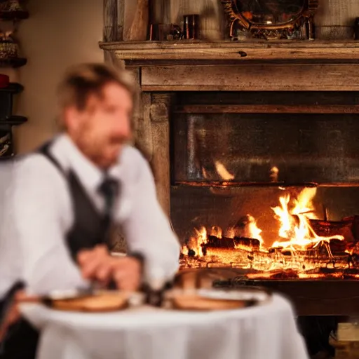 Image similar to man in a waistcoat sitting with a log fire opposite him at a table romantic soft focus nikon