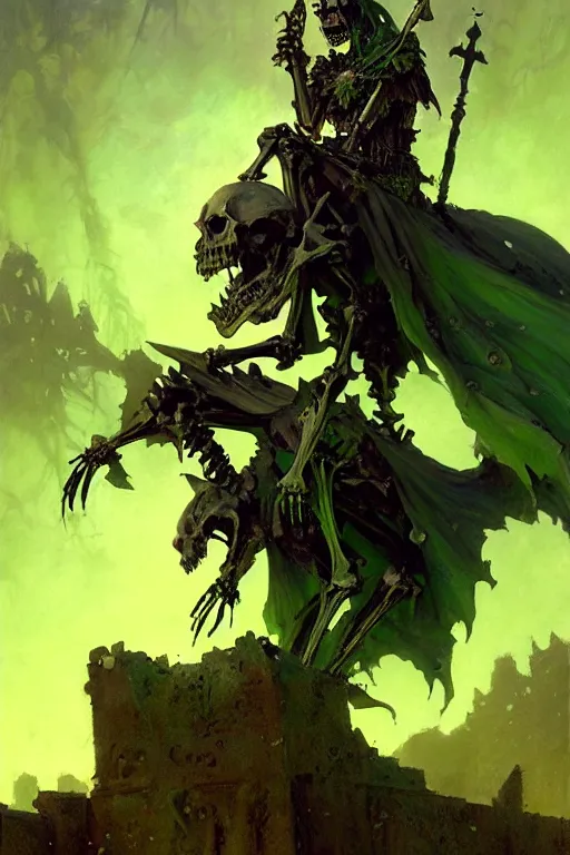 Prompt: osarion the skeleton king, sitting upon his evil green spirit throne, laughing, graveyard, portrait dnd, painting by gaston bussiere, craig mullins, greg rutkowski, yoji shinkawa