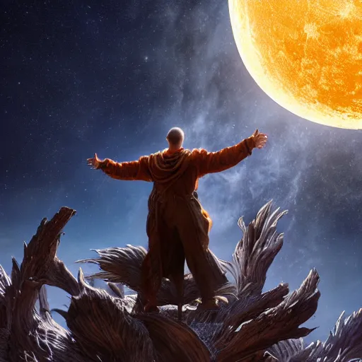 Prompt: the image of a man with outstretched arms between the moon and the sun and a thousand stars ultra realistic, concept art, intricate details, serious, highly detailed, photorealistic, octane render, 8 k, unreal engine, art by todd mcfarlane and artgerm and greg rutkowski and alphonse mucha