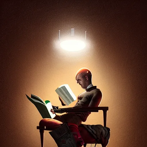 Prompt: mordin solus on chair reads book, light stubble, digital art, photorealistoc, art by greg rutkowski, hyperdetailed, western comic style, comic, comic style, sharp lineart, professional lighting, deviantart, artstation, trevor henderson, rossdtaws, cinematic, dramatic