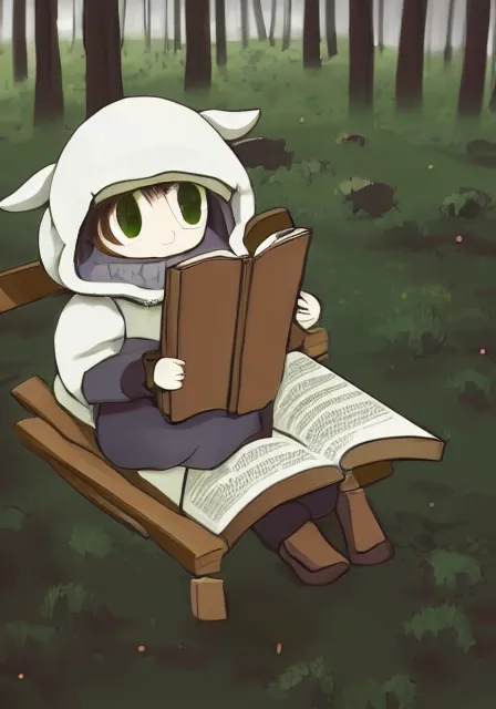 Image similar to beautiful little boy wearing sheep suit reading a book while sitting on chair, gray, blue, green and brown pallet color. made in abyss art style, inspired by kris from deltarrune, cute detailed artwork, anatomically correct, soft details, ilya kuvshinov, reflection, perfect composition, mobile wallpaper, illumination, helltaker, digital art, forest