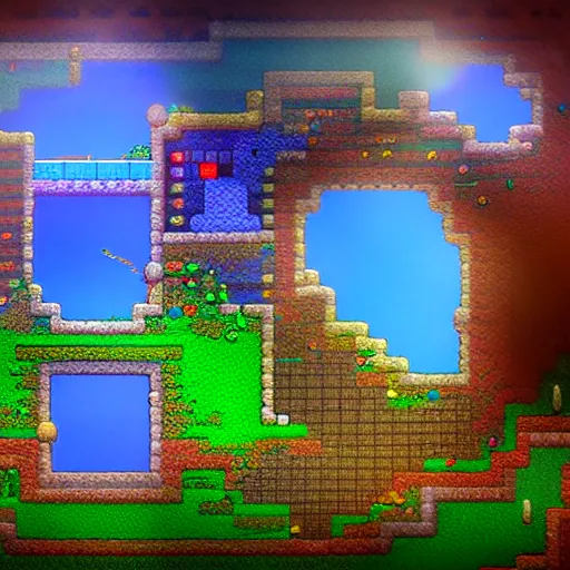 Prompt: portal to terraria. detailed. rule of thirds. intricate. sharp focus. wide angle. unreal engine 8 k. pixel art by victor moura james hayes jim kjexrud