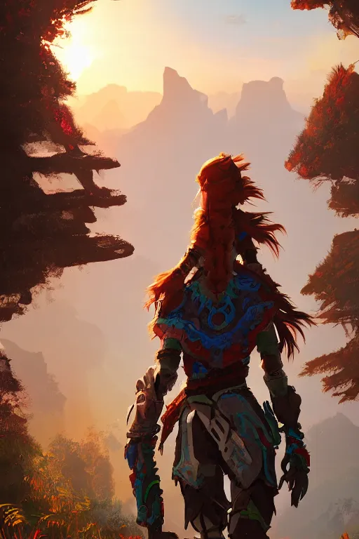 Image similar to combination suit armor aloy horizon forbidden west horizon zero dawn radiating a glowing aura global illumination ray tracing hdr fanart arstation by ian pesty and alena aenami artworks in 4 k tribal robot ninja mask helmet backpack