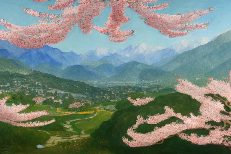 Image similar to an ultradetailed landscape painting of a panorama view of westlake, osmanthus blossoms nearby, fine wind, highly detailed, artstation, concept art, smooth, sharp focus, illustration, by hilma af klint, 8 k