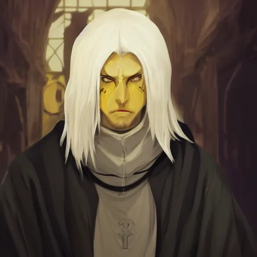 Prompt: a white haired man with yellow eyes, wearing a black cultist robe, medieval background, highly detailed, digital painting, artstation, matte, by makoto shinkai, animation style, studio ghibli, anime key visual