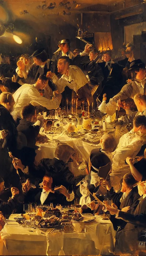 Image similar to still life painting of birthday party getting hit by volcano lava, by Peder Krøyer, golden hour, dramatic lighting, epic, gargantuan, intricate detail, canvas print