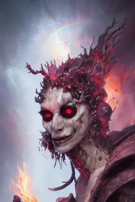 Image similar to face closeup covered of a ghoul necromancer, damned soul, hellfire, diamonds, jewels, 3 d render, hyper - realistic detailed portrait, holding fire and electricity rainbow, ruan jia, wlop. scifi, fantasy, magic the gathering, hyper detailed, concept art, peter mohrbacher