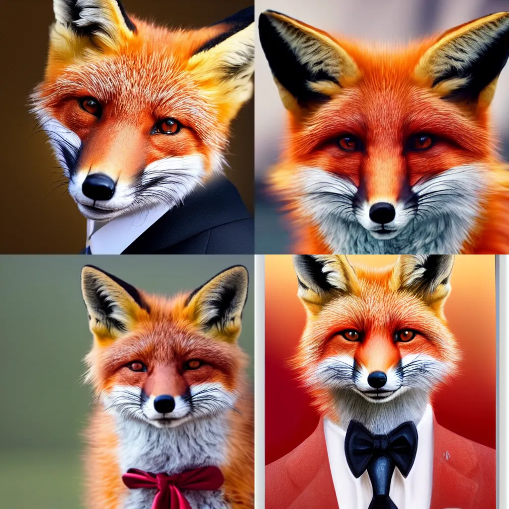 Prompt: an antropmorphic red fox wearing a suit looking into the camera, realistic, portrait