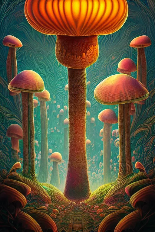 Prompt: anthropomorphic mushroom carnival attractions portrait, Art Deco nature, fantasy, intricate art deco mushroom designs, elegant, highly detailed fractals, sharp focus, fractal big top, art by Artgerm and beeple and Greg Rutkowski and WLOP