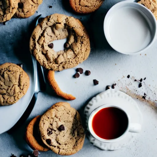 Image similar to cookies and hot chocolate, food photography, cozy