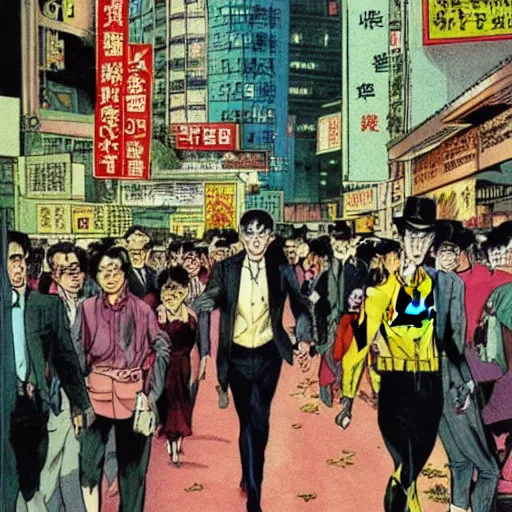 Image similar to glossy old advertising poster, batman walking through crowded hong kong street, vendors, joker!!!, drawn comic by junji ito, pastels, gradient