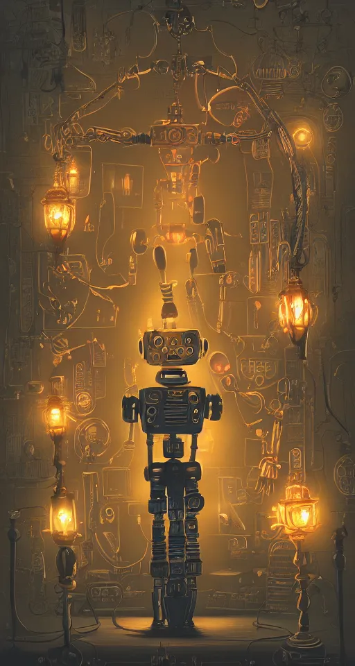 Prompt: a beautiful tapestry of a dream, a robot standing, ultra detailed, dark, steampunk, moody, candles, neon signs, infographic, characters from machinarium, by don bluth, trending on artstation, octane render