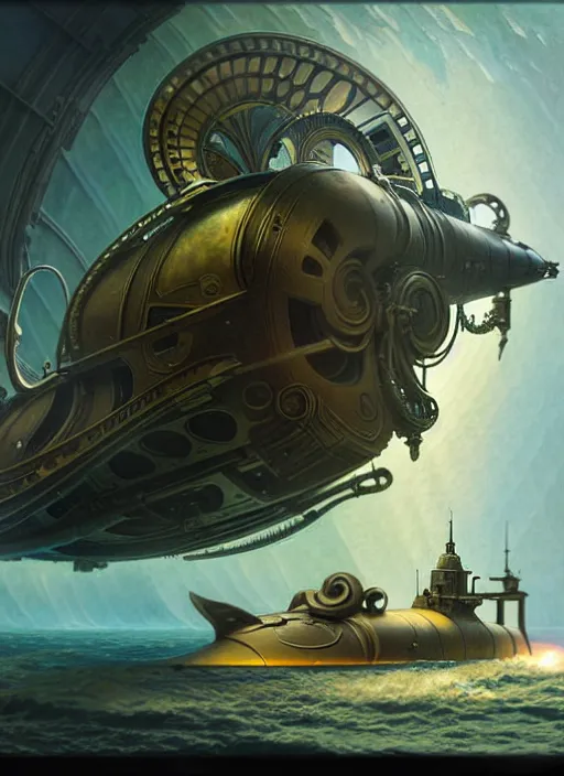 Prompt: epic concept illustration, highly detailed, intricate mechanical design, hard science concept art, underwater nautilus submarine being prepared for launch, by greg rutkowski and alphonse mucha. uhd, cinematic lighting, amazing depth, cinematography by 2 0 1 7