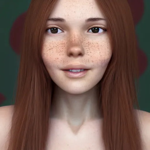 Image similar to Render of April, a cute 3D young woman, long shiny bronze brown hair, full round face, green eyes, medium skin tone, light cute freckles, light blush, smiling softly, wearing casual clothing, interior lighting, cozy living room background, medium shot, mid-shot, hyperdetailed, hyperreal, trending on Artstation, Unreal Engine, 4k