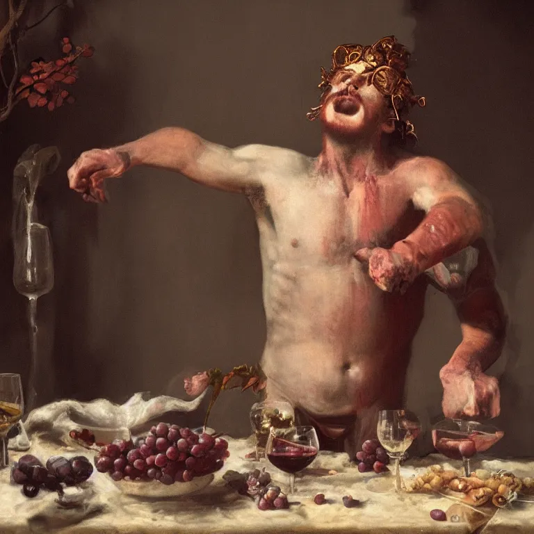 Image similar to raw, unsettling portrait of Dionysus, the Greek god of wine, drinking at the party to forget his heartbreak by 20th-century artist Francis Bacon, cinematic, hyper realism, octane render, 8k, depth of field