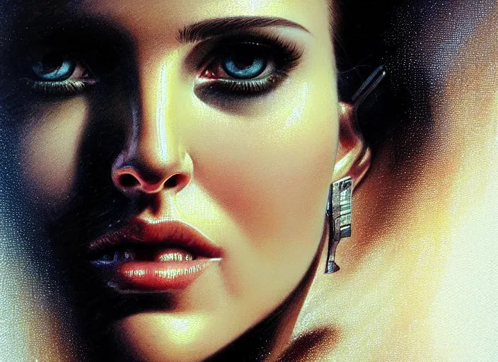 Image similar to portrait shot of natalie portman in bladerunner, intricate, elegant, highly detailed, centered, digital painting, artstation, concept art, smooth, sharp focus, illustration, artgerm, tomasz alen kopera, peter mohrbacher, donato giancola, joseph christian leyendecker, wlop, boris vallejo