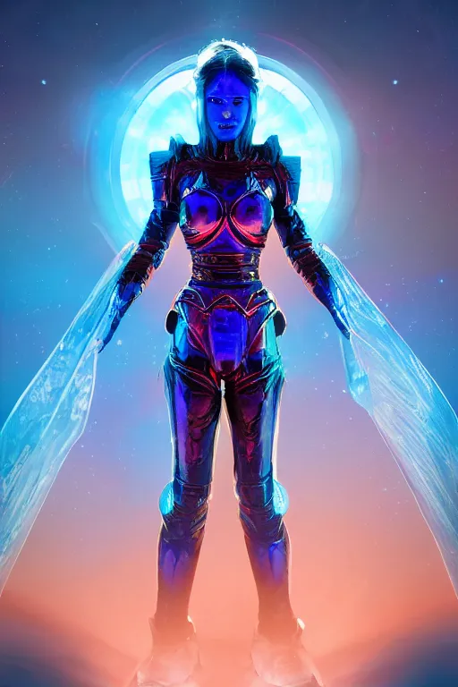 Prompt: warrior woman in glowing azure sci-fi armor standing in doorway sliced by a iridescent glass cracks shattering the sky , centered, crimson clouds, besinski style , 6 billion demons style, background art deco palace, photorealism, 8k, artstation trending, Ray Tracing, octane renderer, high detail, vollumetric lighting