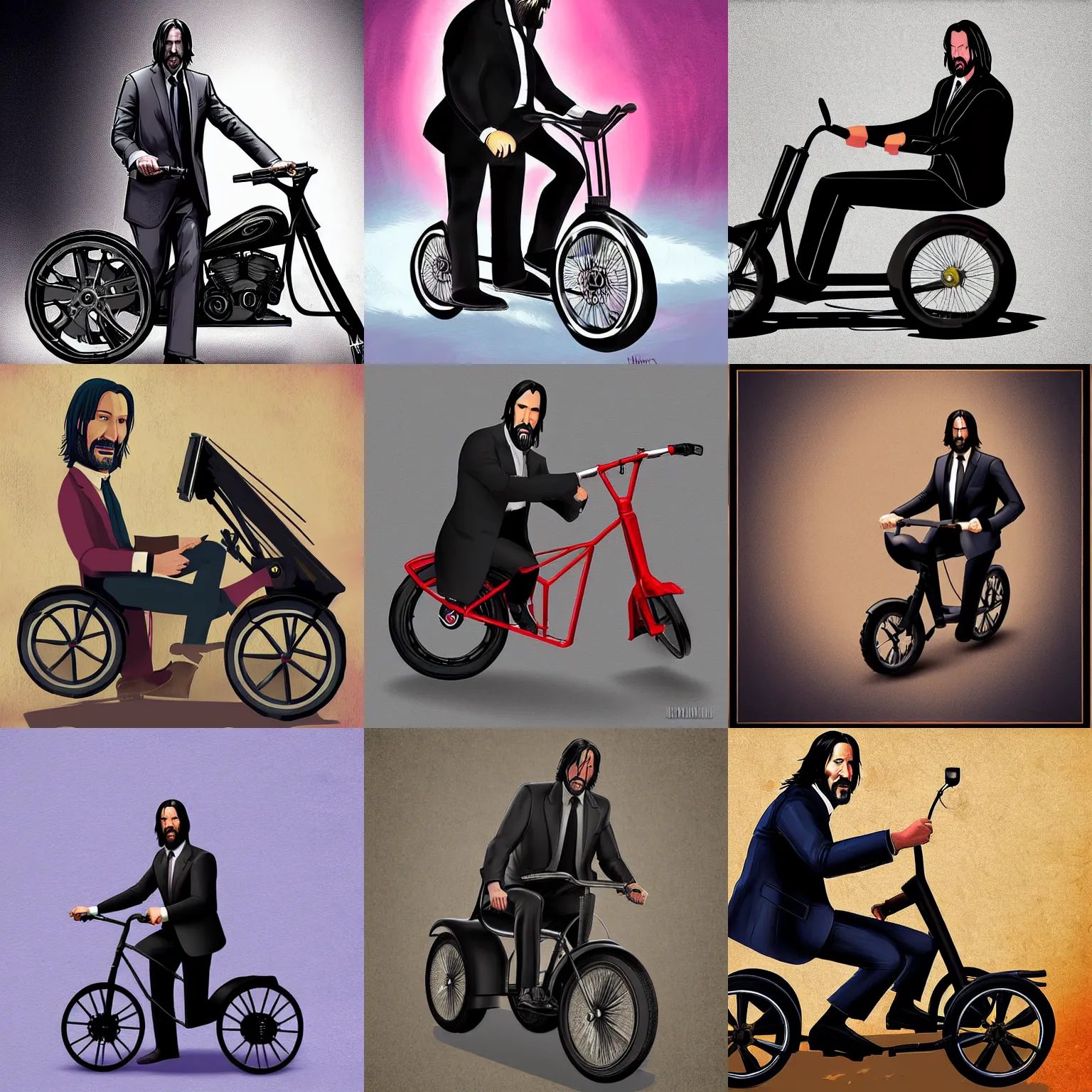 Prompt: john wick on a tricycle, digital art