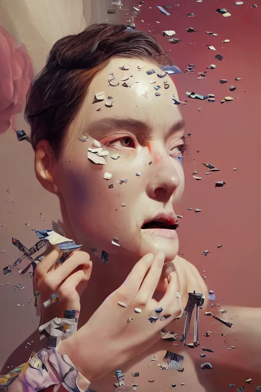 Image similar to 3 d, close - up, fashion model, newspaper, tears, poster art, intricate oil painting, high detail, figurative art, multiple exposure, poster art, 3 d, by stanley kubrick and tooth wu and wlop and beeple