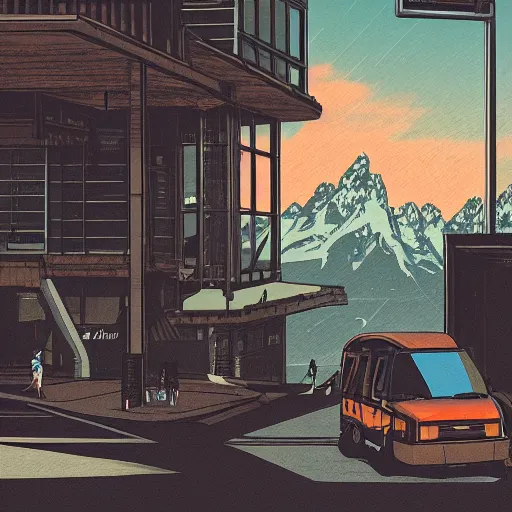 Image similar to a cyberpunk illustration of the view at grand teton national park with a white ford transit van in the background, digital art