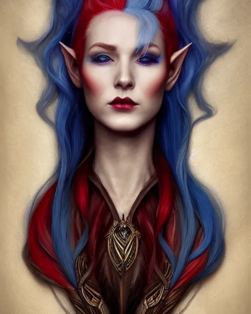 Prompt: a detailed matte oil on canvas head on symmetrical portrait of a distinguished elven woman with separated red and blue hair ( ( ( ( ( makeup ) ) ) ) ) by charlie bowater and lise deharme wlop, trending on artstationhd, dungeons and dragons art critical role, half and half hair dye, split hair dye, two tone hair dye, dye hair