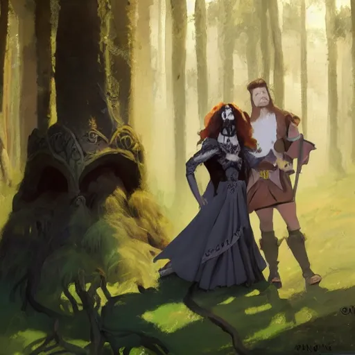 Image similar to hagrid the viking and gothic medieval morticia addams walking in enchanted forest in a sunny day, jodhpurs greg manchess painting by sargent and leyendecker, studio ghibli fantasy medium shot asymmetrical intricate elegant matte painting illustration hearthstone, by greg rutkowski by greg tocchini by james gilleard