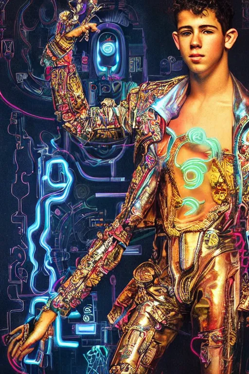 Image similar to full-body bladerunner neon rococo style sculpture of a young handsome Spanish Nick Jonas as a half cibernetic android with a chest opening exposing circuitry and electric sparks, glowing laser beam eyes, crown of giant diamonds, flowing neon-colored silk, fabric, raptors. baroque elements. full-length view. baroque element. intricate artwork by caravaggio. many many birds birds on background. Trending on artstation, octane render, cinematic lighting from the right, hyper realism, octane render, 8k, depth of field, 3D