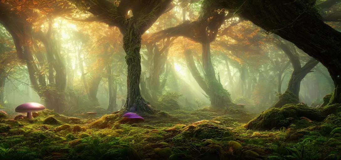 Prompt: beautiful view of a mystical forest, winding branches, small glowing mushrooms on the forest floor, symmetrical, unreal engine, dramatic lighting, ultra detailed, ambient occlusion, bloom, illumination,, crepuscular rays, ray tracing, vibrant, vivid colors, picturesque, by noah bradley and jordan grimmer