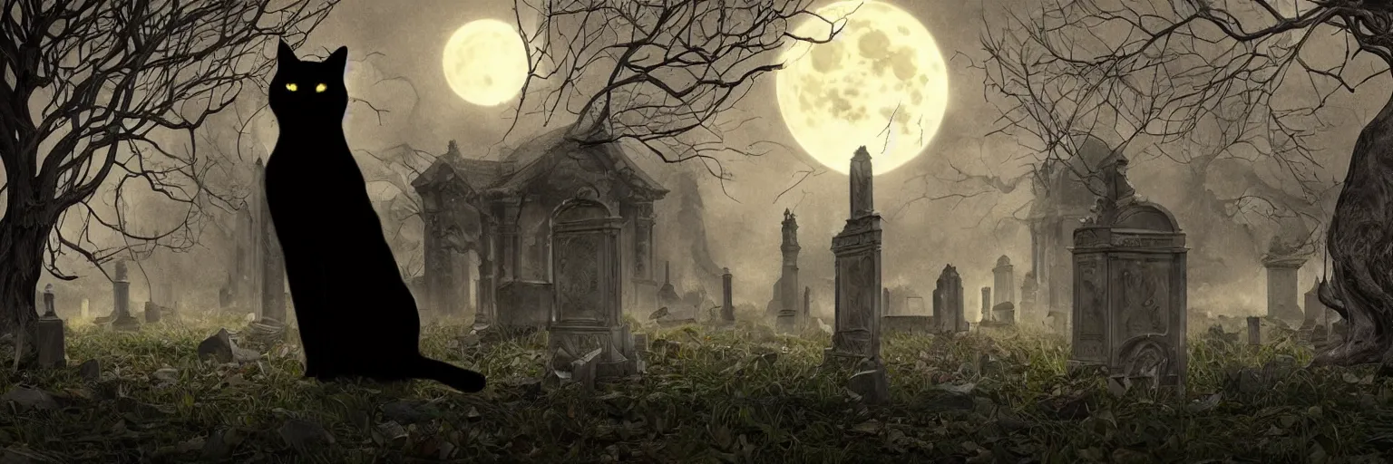 Prompt: an ultra detailed animation of a black cat in a graveyard at midnight on halloween, tattoo on shohulder, digital art, dark fantasy, concept art, soulslike, by alphonse mucha, blood moon eclipse, ruined building in the background, artstation, 8 k, unreal engine render