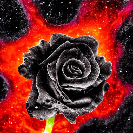 Image similar to award - winning macro of a beautiful black rose made of molten magma and nebulae on black background by harold davis, highly detailed, inner glow, trending on deviantart, artstation and flickr, nasa space photography, national geographic