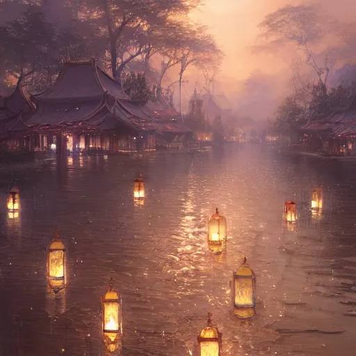 Prompt: concept art, river lanterns on the eve of ullambana festival, high resolution, by james gurney, greg rutkowski, fujishima takeji, hiroshi yoshida, artstation